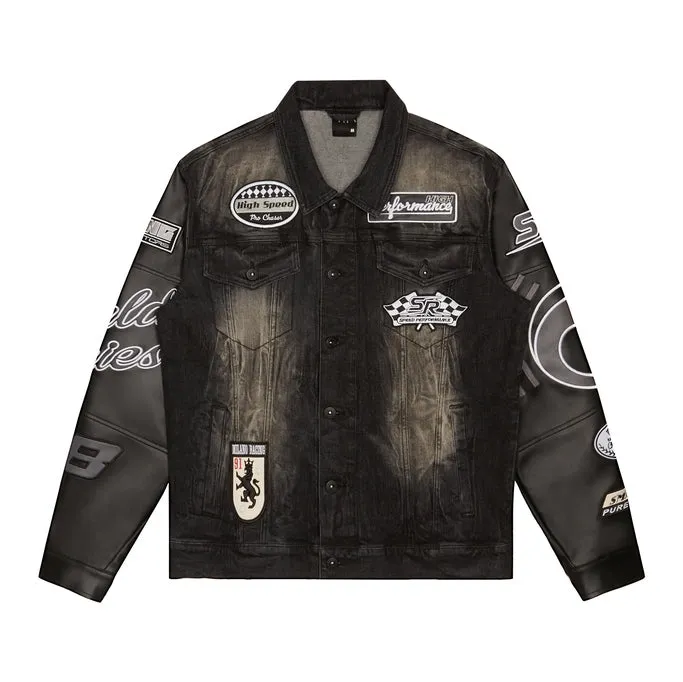 Sure! Heres an optimized title for the e-commerce product:

Stylish Moon Black Racing Jean Jacket with Embroidered Patches