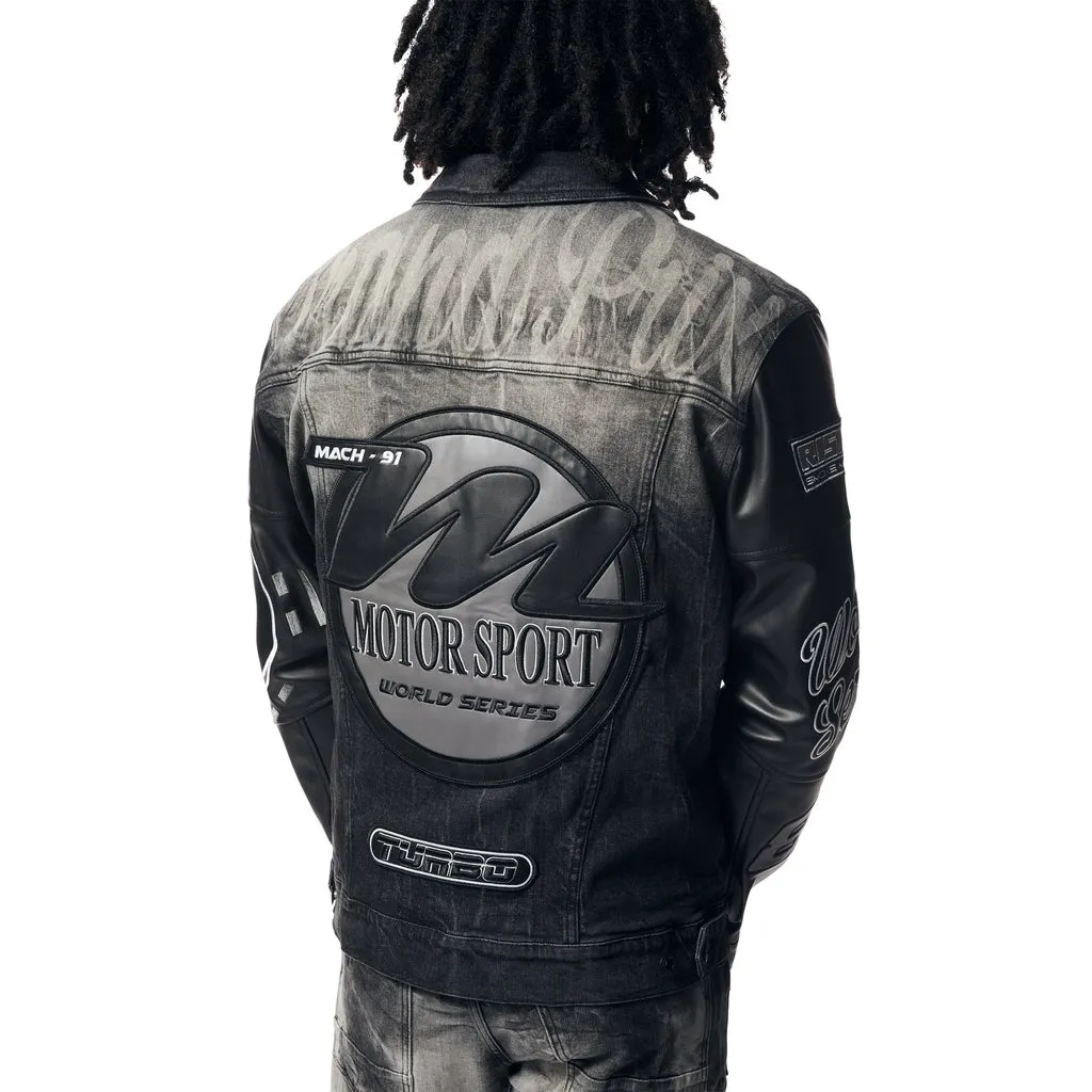 Sure! Heres an optimized title for the e-commerce product:

Stylish Moon Black Racing Jean Jacket with Embroidered Patches