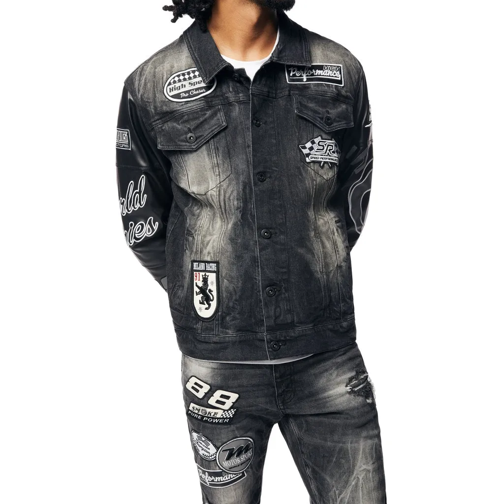 Sure! Heres an optimized title for the e-commerce product:

Stylish Moon Black Racing Jean Jacket with Embroidered Patches