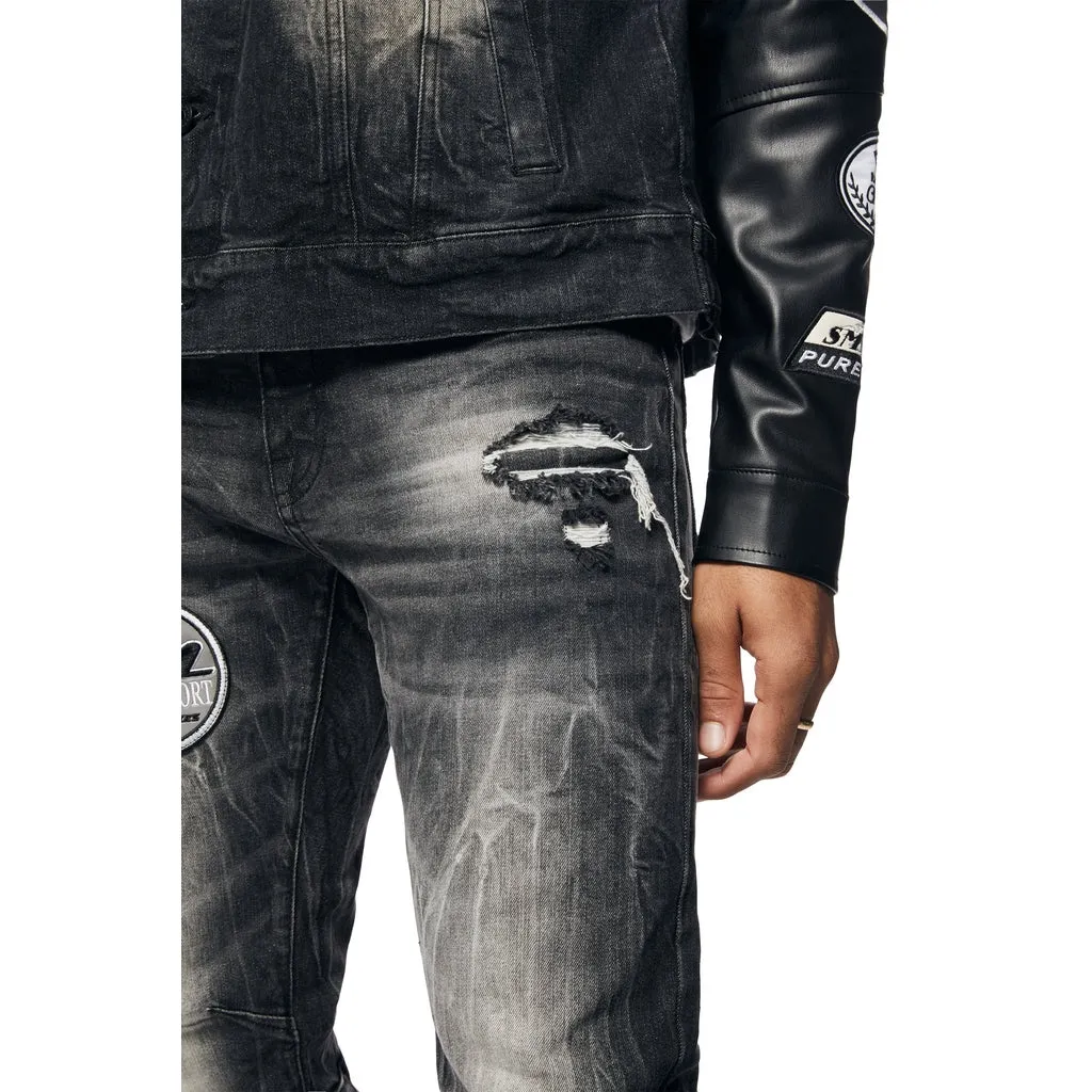 Sure! Heres an optimized title for the e-commerce product:

Stylish Moon Black Racing Jean Jacket with Embroidered Patches