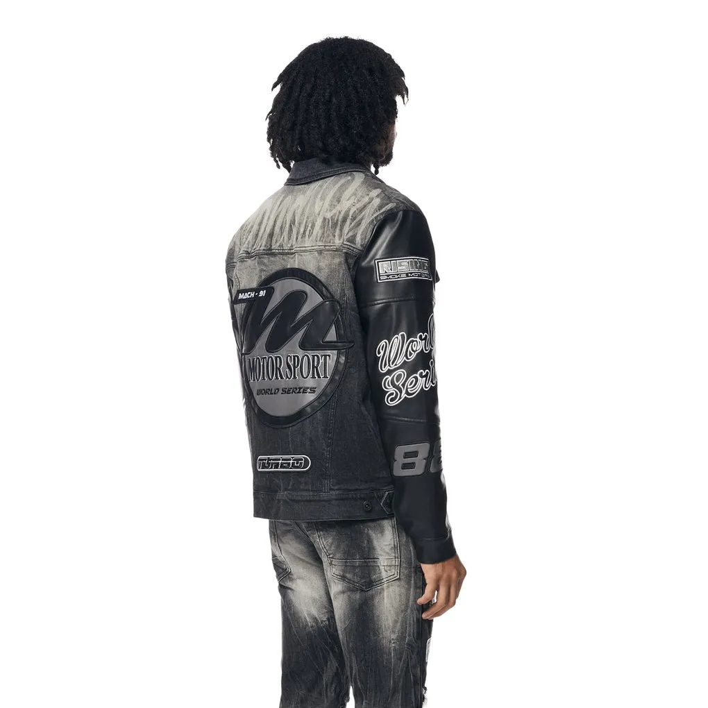 Sure! Heres an optimized title for the e-commerce product:

Stylish Moon Black Racing Jean Jacket with Embroidered Patches