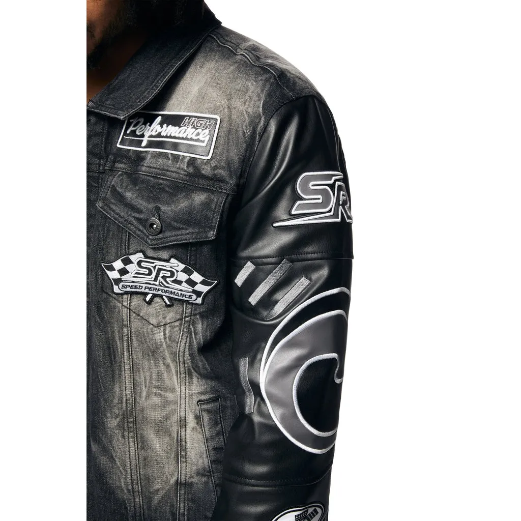 Sure! Heres an optimized title for the e-commerce product:

Stylish Moon Black Racing Jean Jacket with Embroidered Patches