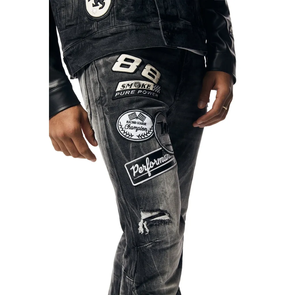 Sure! Heres an optimized title for the e-commerce product:

Stylish Moon Black Racing Jean Jacket with Embroidered Patches