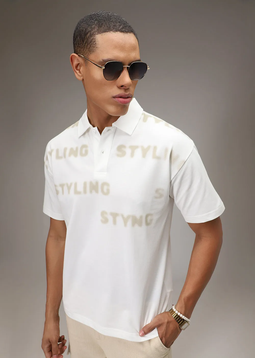 Faded Print White Polo T-shirt