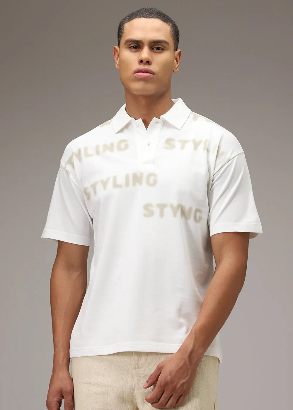 Faded Print White Polo T-shirt