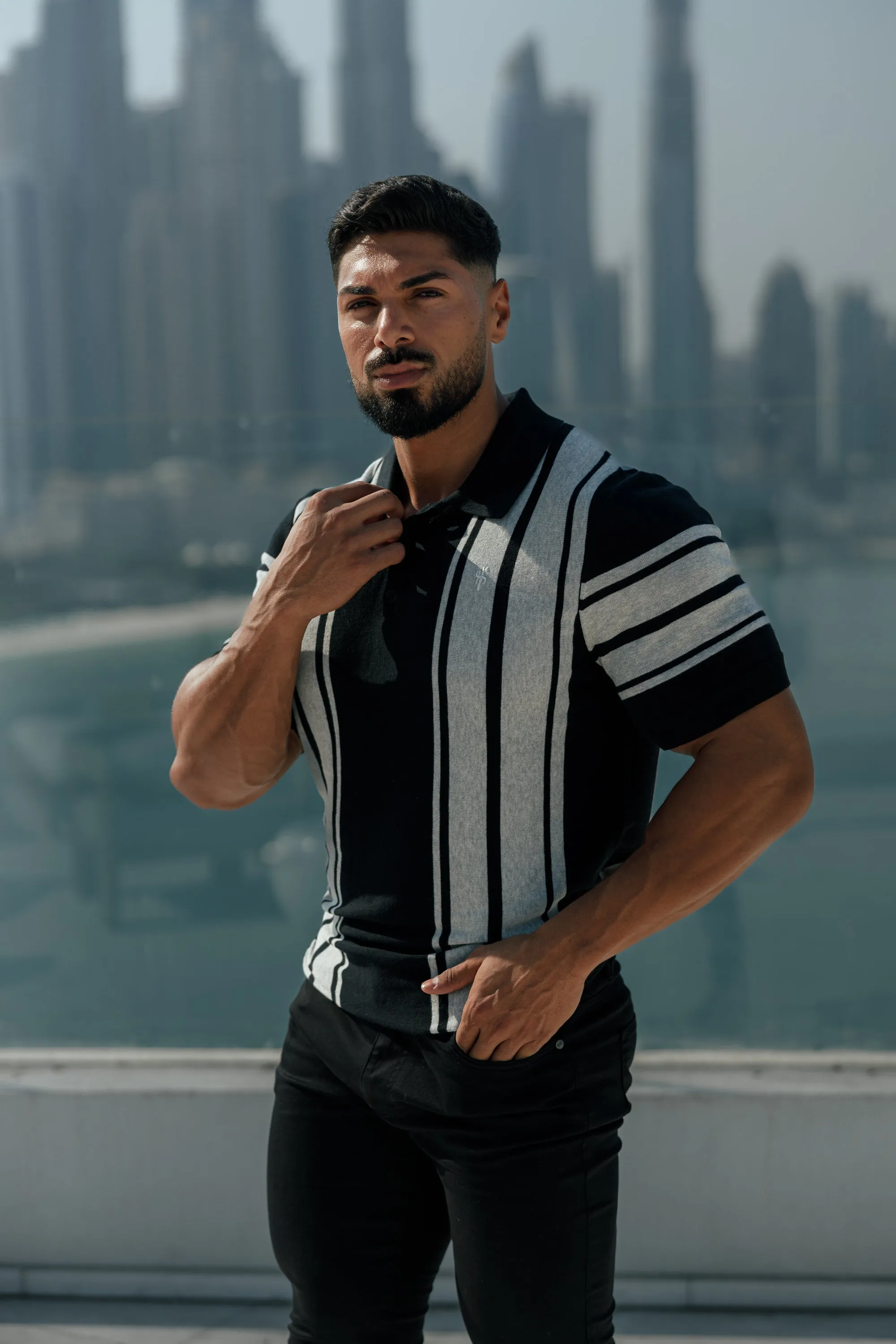 Father Sons Classic Black / Light Grey Knitted Vertical Stripe Polo Short Sleeve - FSN106