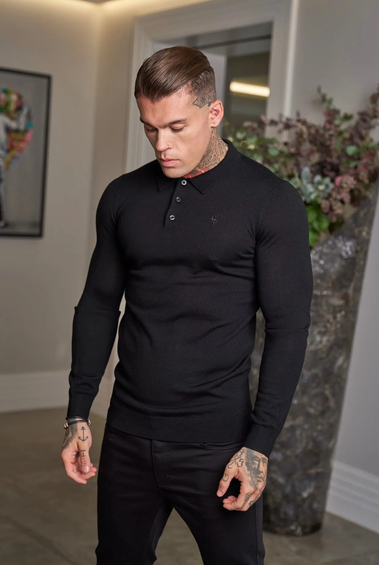 Father Sons Classic Black Merino Wool Knitted Polo Sweater Long Sleeve With FS Embroidery- FSN014