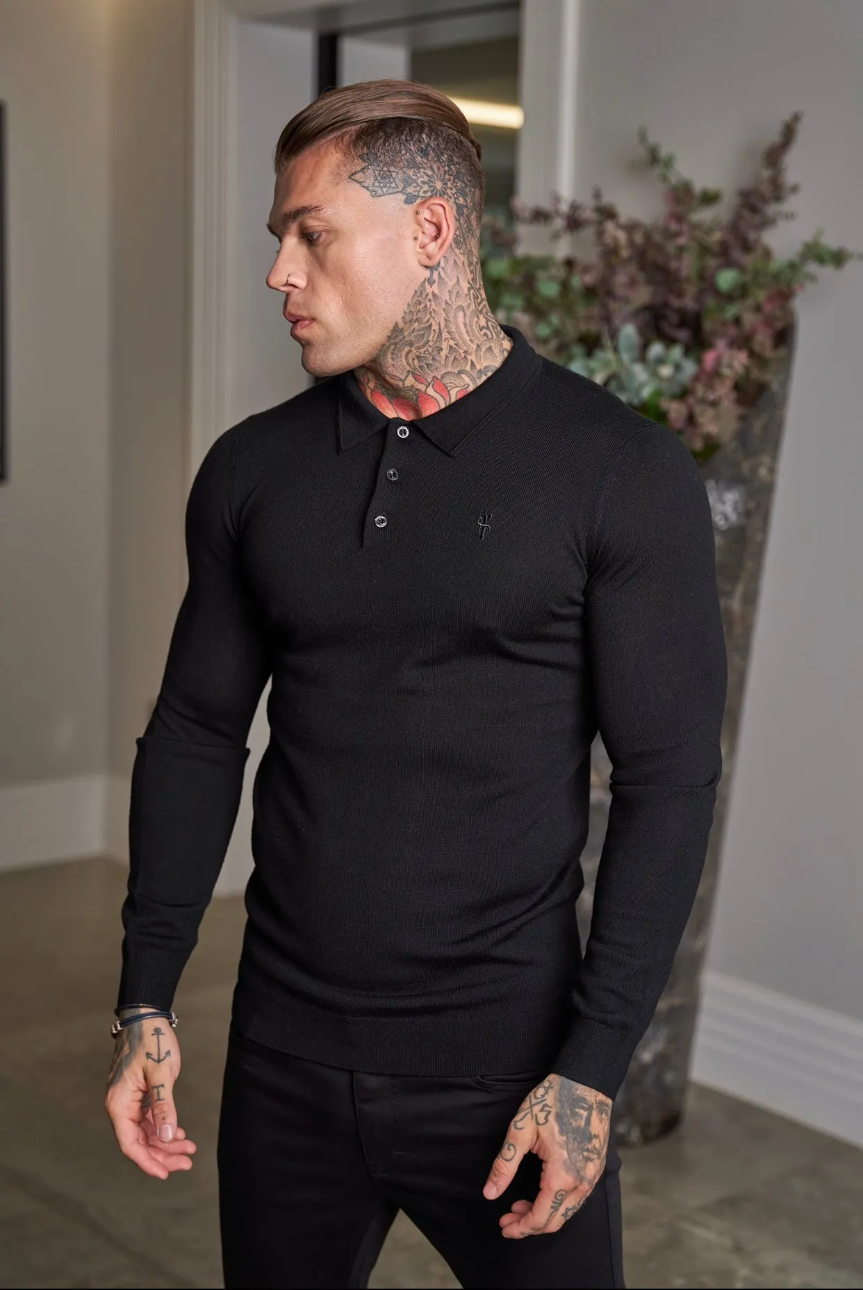 Father Sons Classic Black Merino Wool Knitted Polo Sweater Long Sleeve With FS Embroidery- FSN014