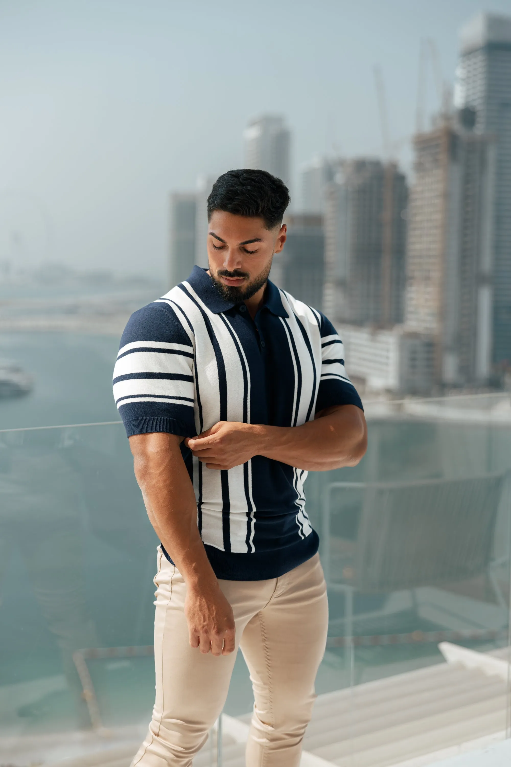 Father Sons Classic Navy / Off White Knitted Vertical Stripe Polo Short Sleeve - FSN105