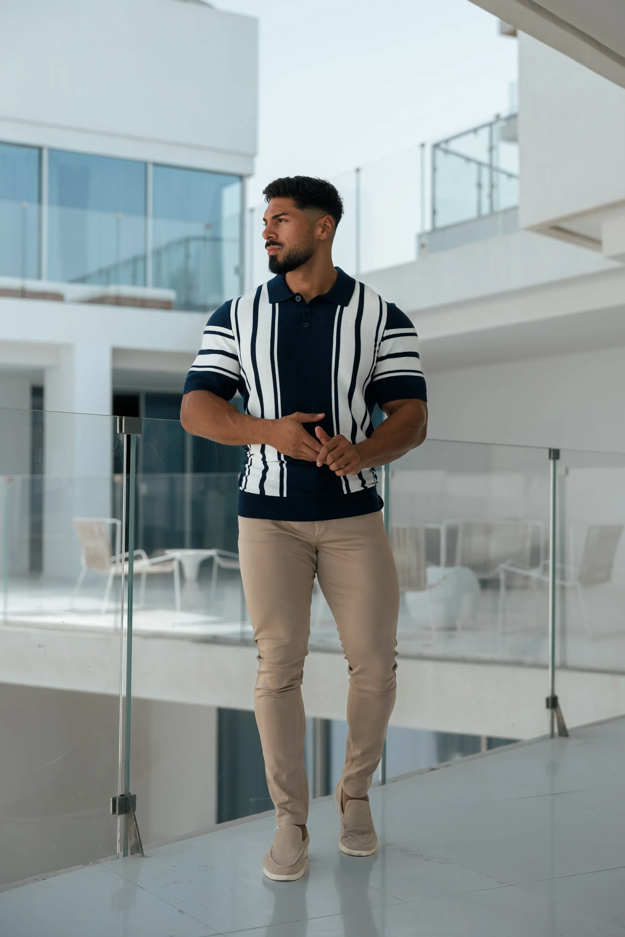 Father Sons Classic Navy / Off White Knitted Vertical Stripe Polo Short Sleeve - FSN105