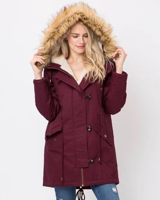 Faux Sherpa Lined Hooded Utility Parka Jacket in More Colors