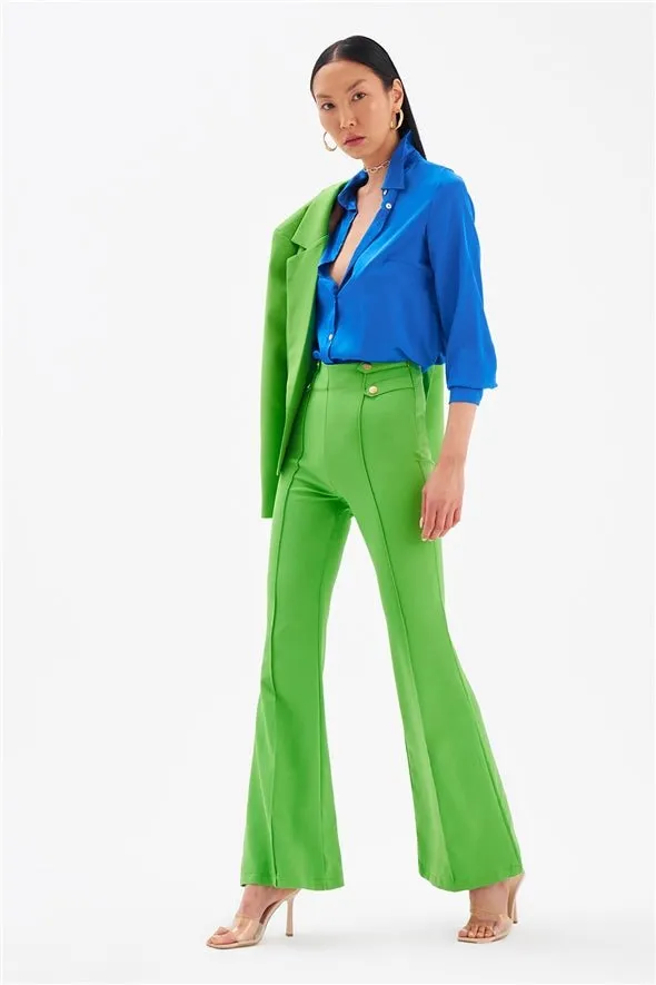 Flared High Waist 4- Button Pants - Green