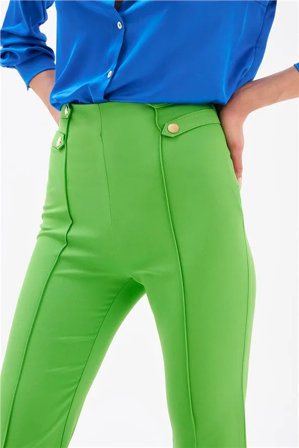 Flared High Waist 4- Button Pants - Green