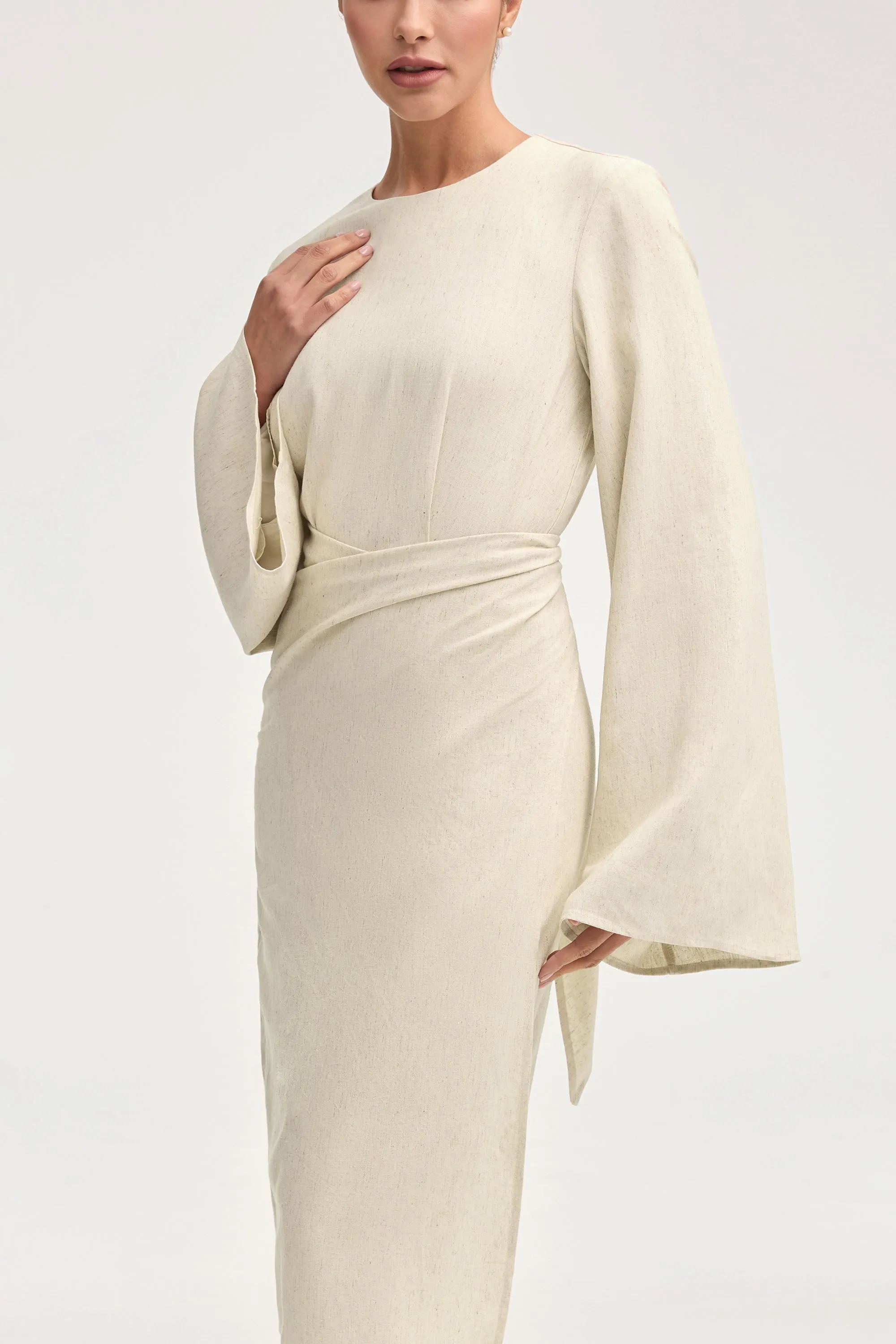 Hanadi Linen Wrap Maxi Dress - Beige