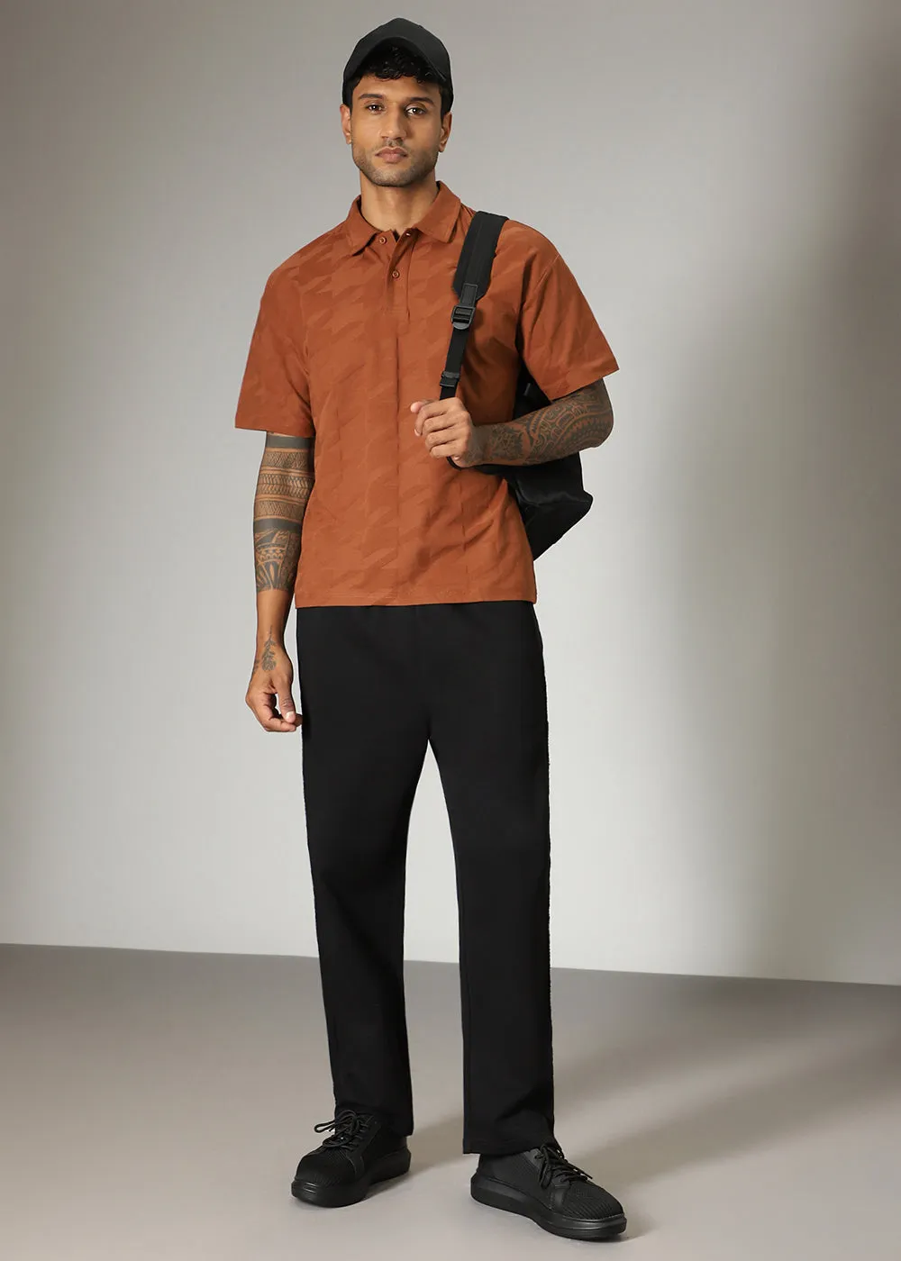 Herringbone Pattern Brown Polo T-shirt