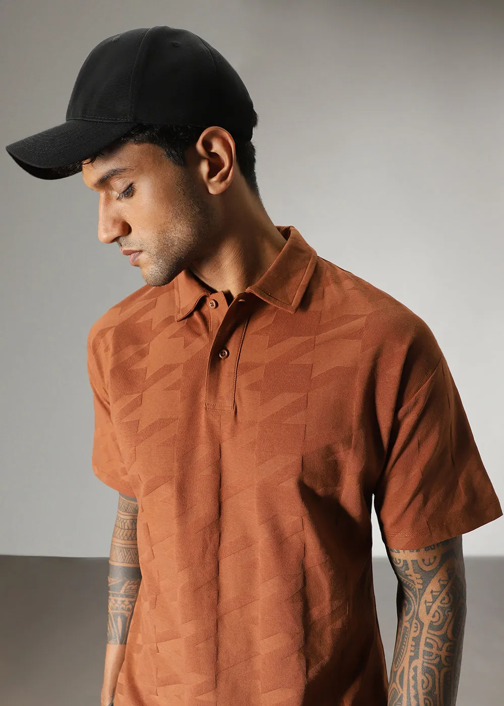 Herringbone Pattern Brown Polo T-shirt