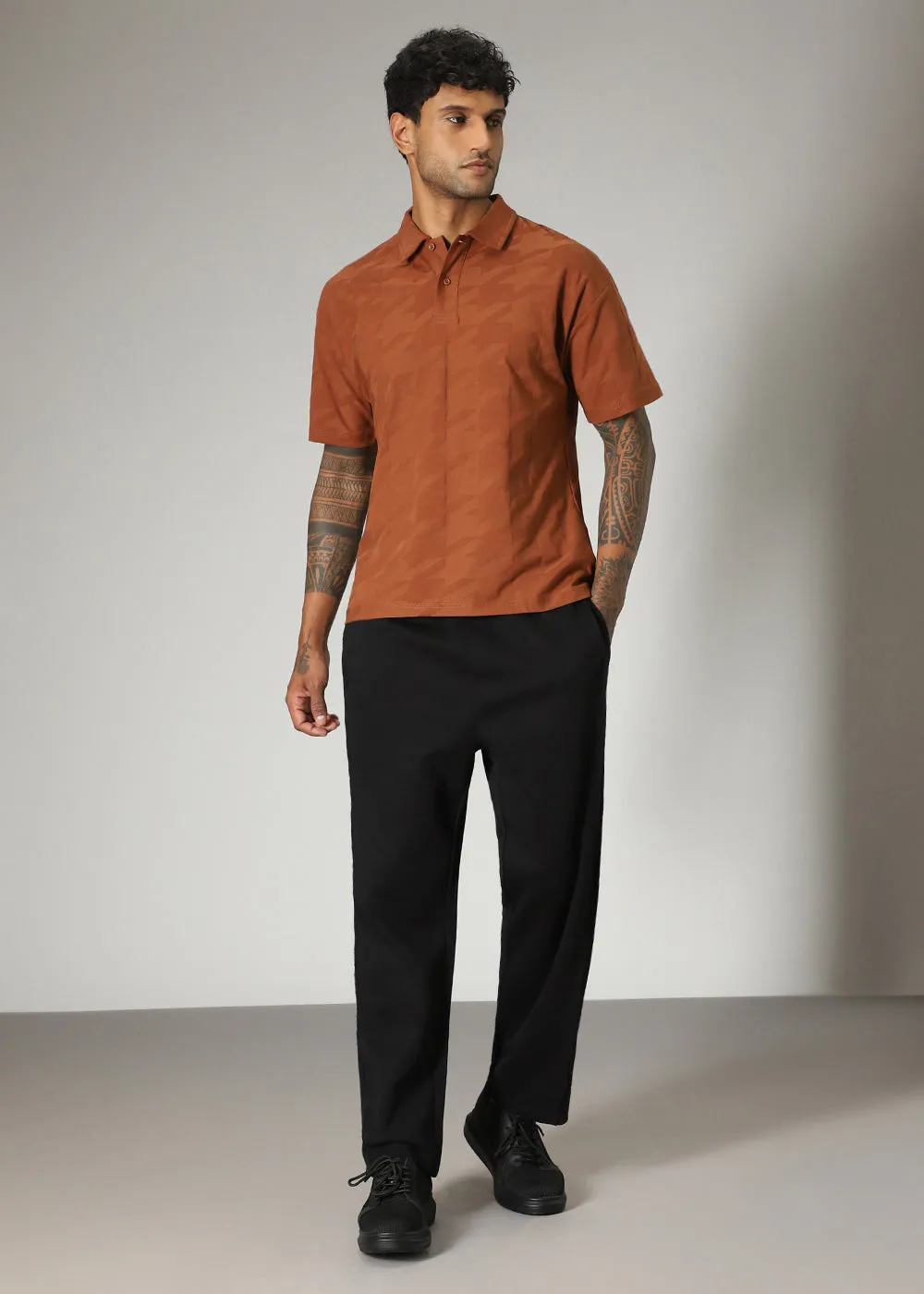 Herringbone Pattern Brown Polo T-shirt