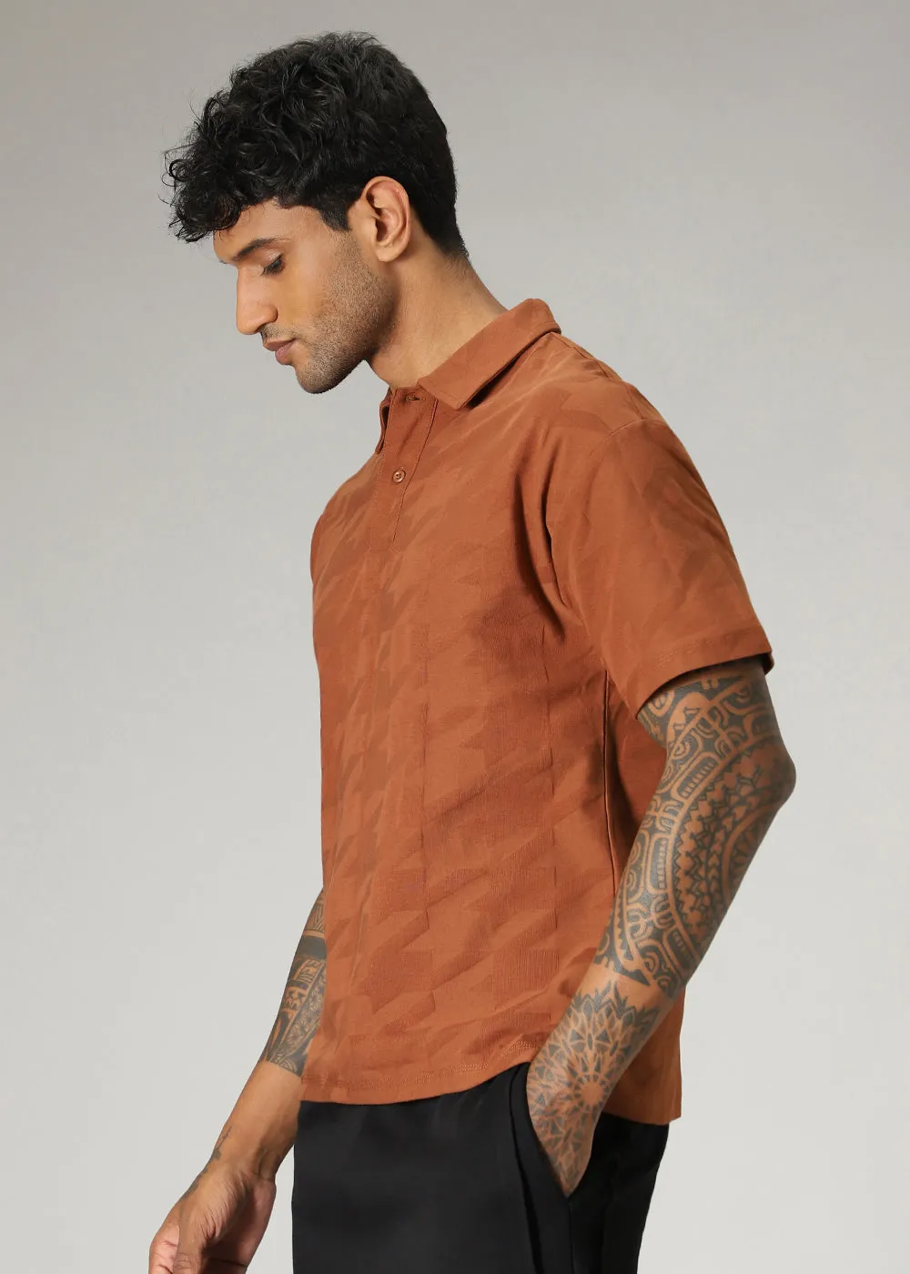 Herringbone Pattern Brown Polo T-shirt