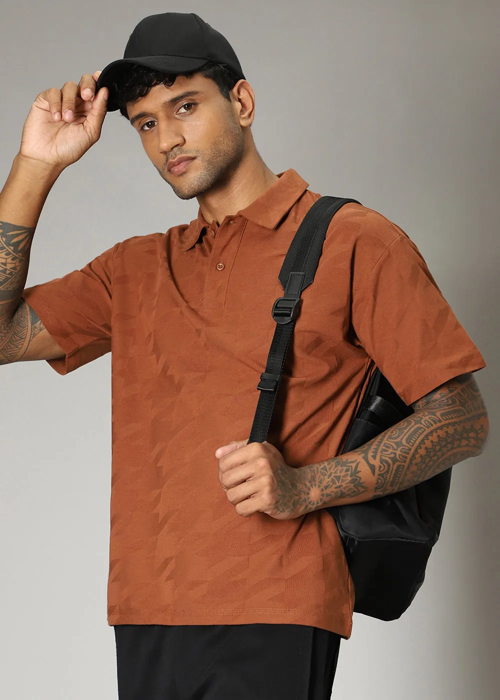 Herringbone Pattern Brown Polo T-shirt