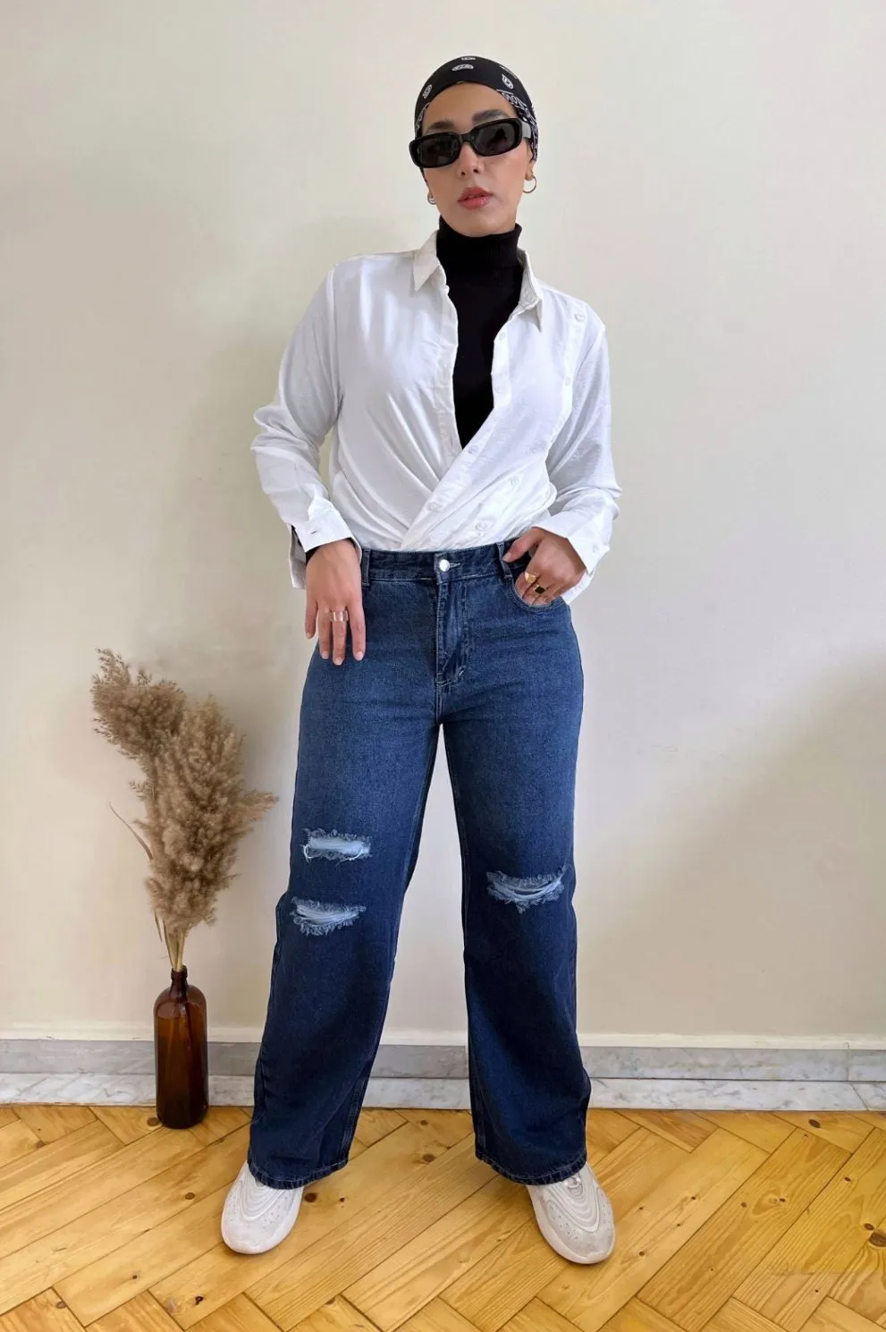 HIGH WAIST WIDE LEG JEANS - NAVY