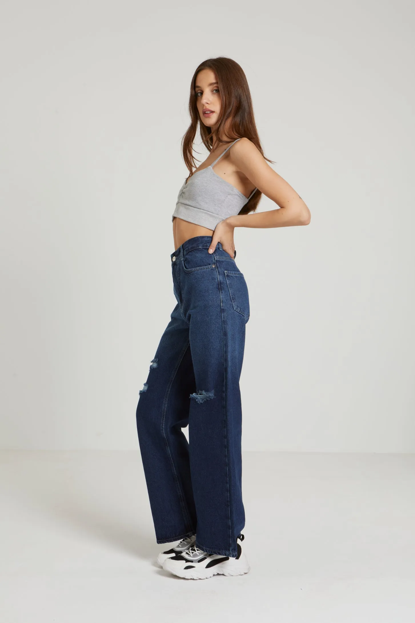 HIGH WAIST WIDE LEG JEANS - NAVY