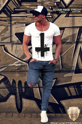 Inverted Cross T-shirt Mens Trendy Ink Splashes FX Print Top MD122