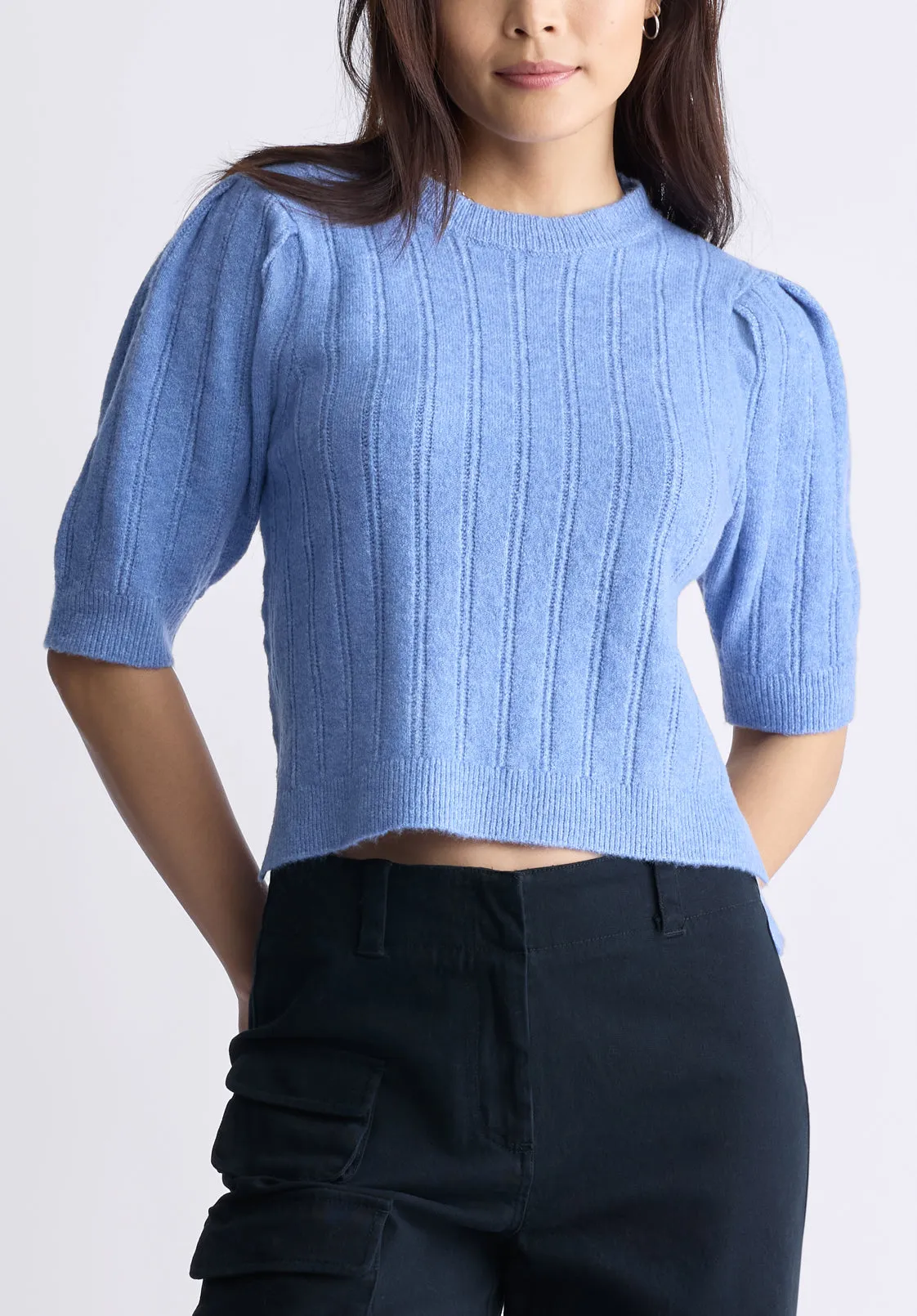 Jaxie Women's Elbow-Length Puff-Sleeve Pointelle-Knit Sweater, Heather Blue - SW0076F