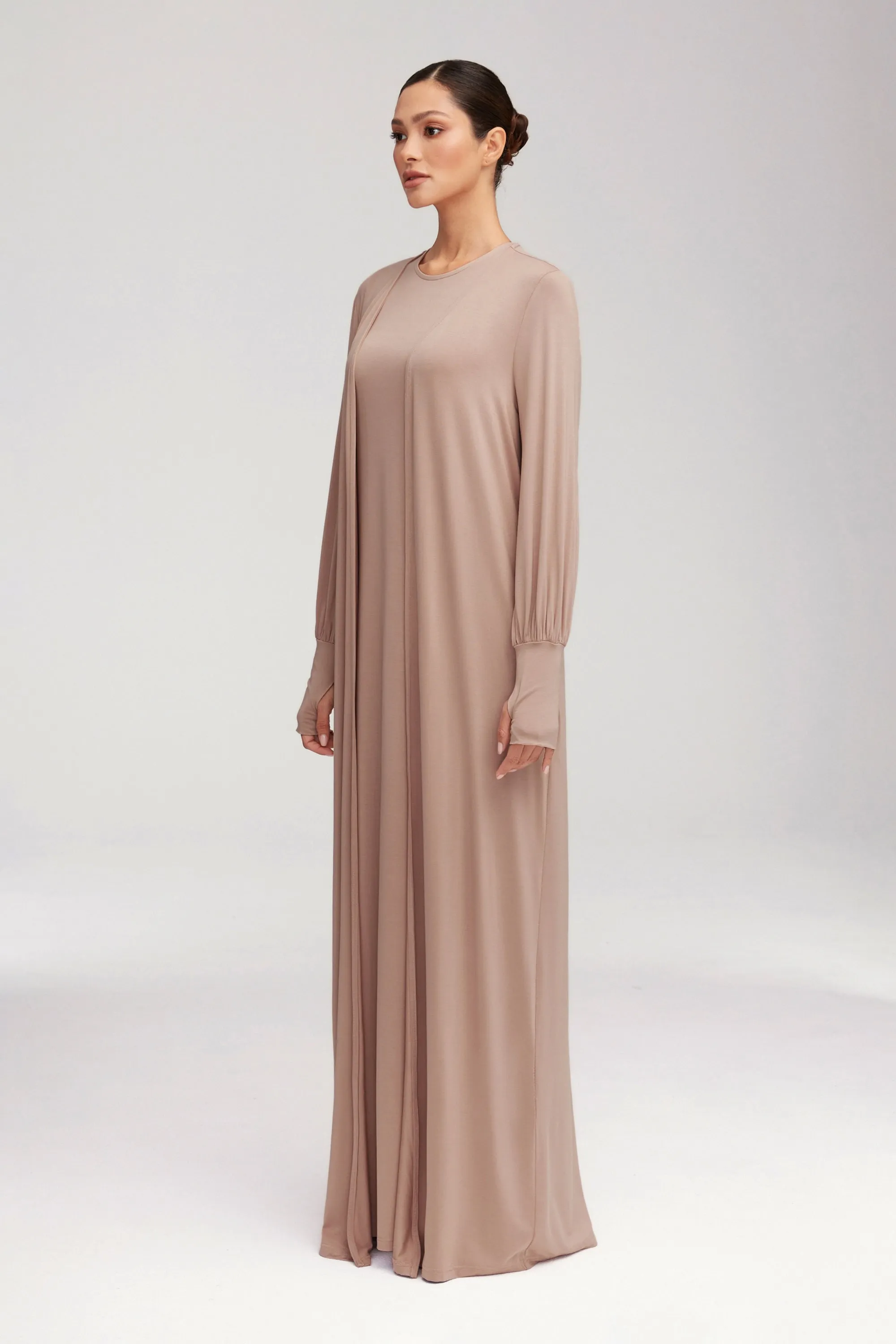 Jenin Jersey Open Abaya & Maxi Dress Set - Mink