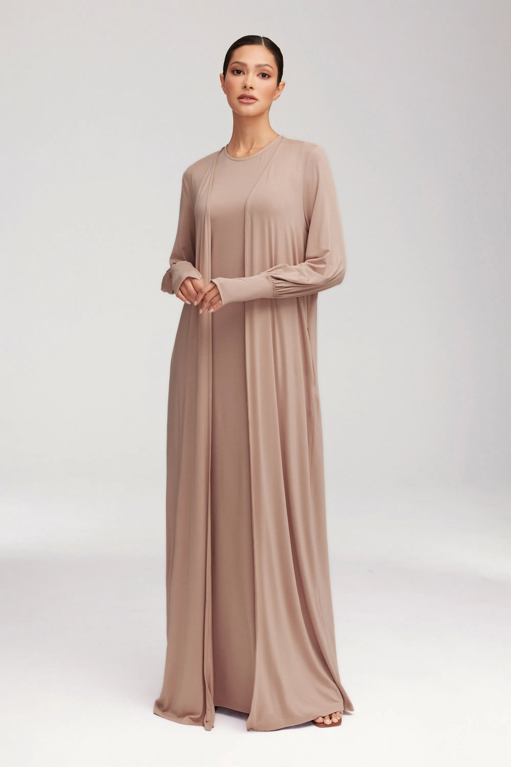 Jenin Jersey Open Abaya & Maxi Dress Set - Mink