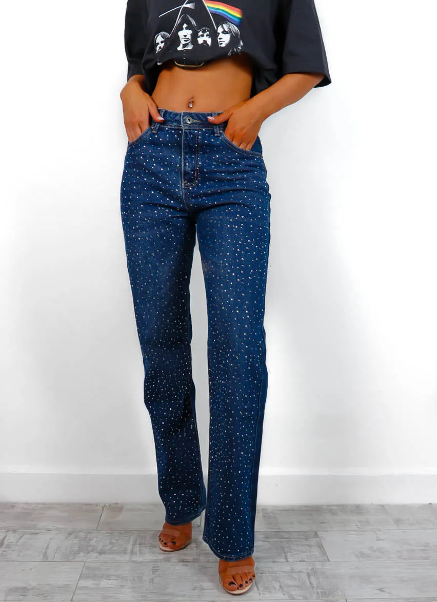 Keep Shining - Blue Diamante Straight Leg Jeans