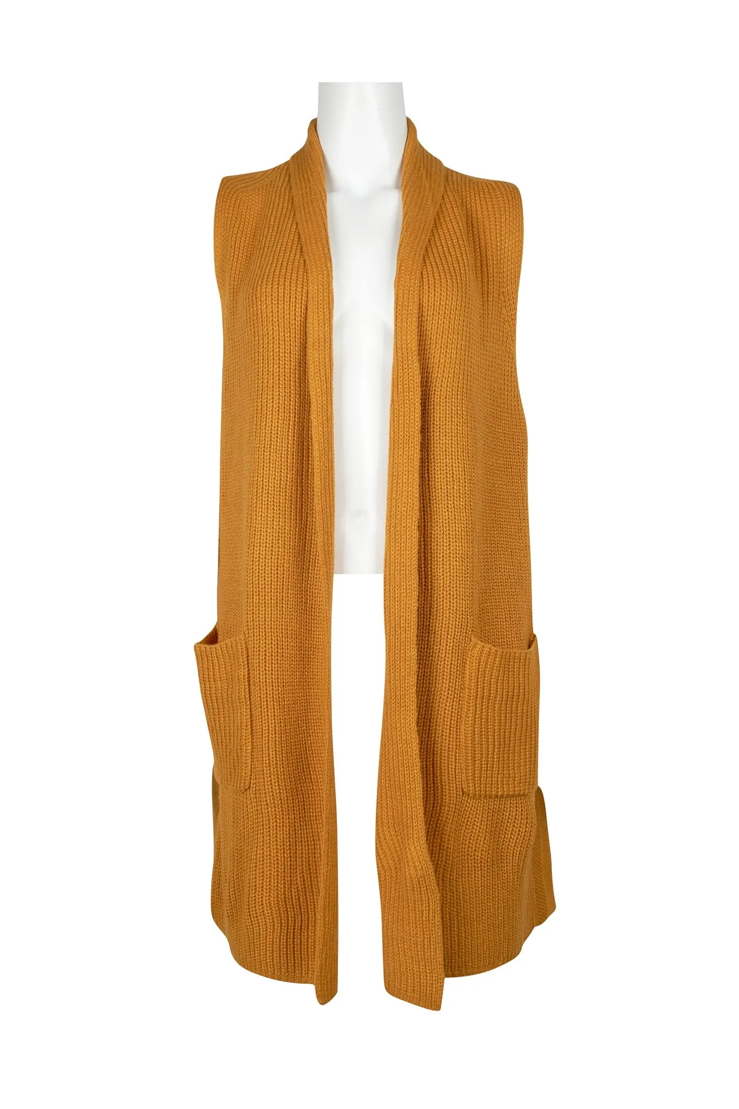 Lapel Collar Sleeveless Long Bodied Knit Sweater with Pockets