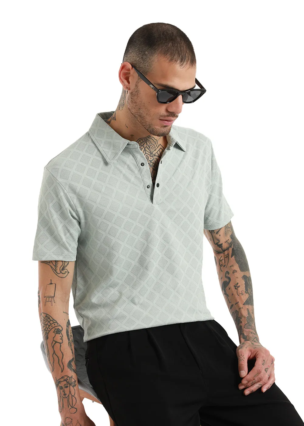 Lattice Print Gray Polo T-shirt