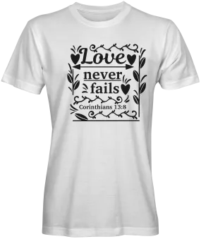 Optimized e-commerce product title: Stylish Love Never Fails Bible Verse T-shirts