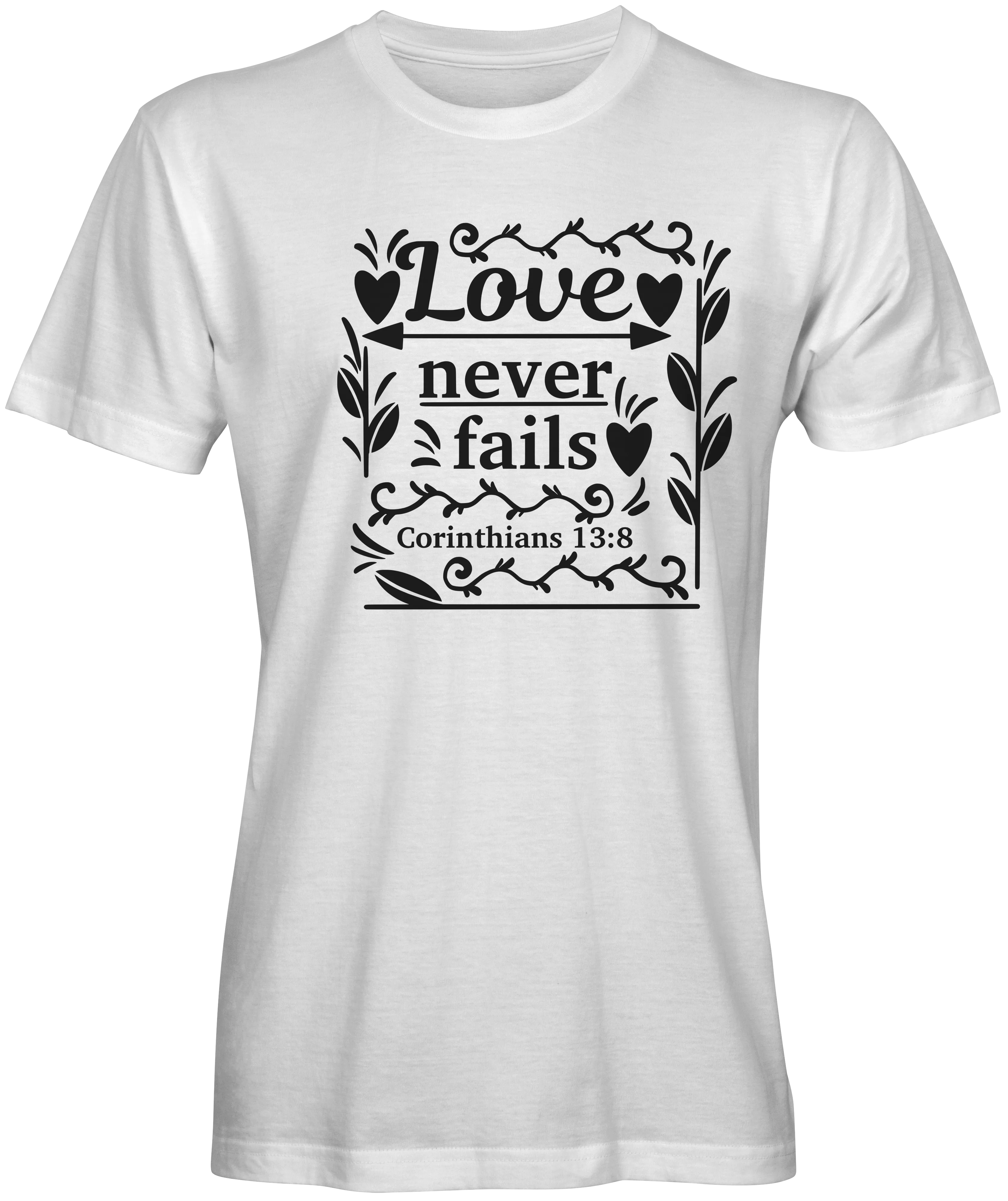 Optimized e-commerce product title: Stylish Love Never Fails Bible Verse T-shirts