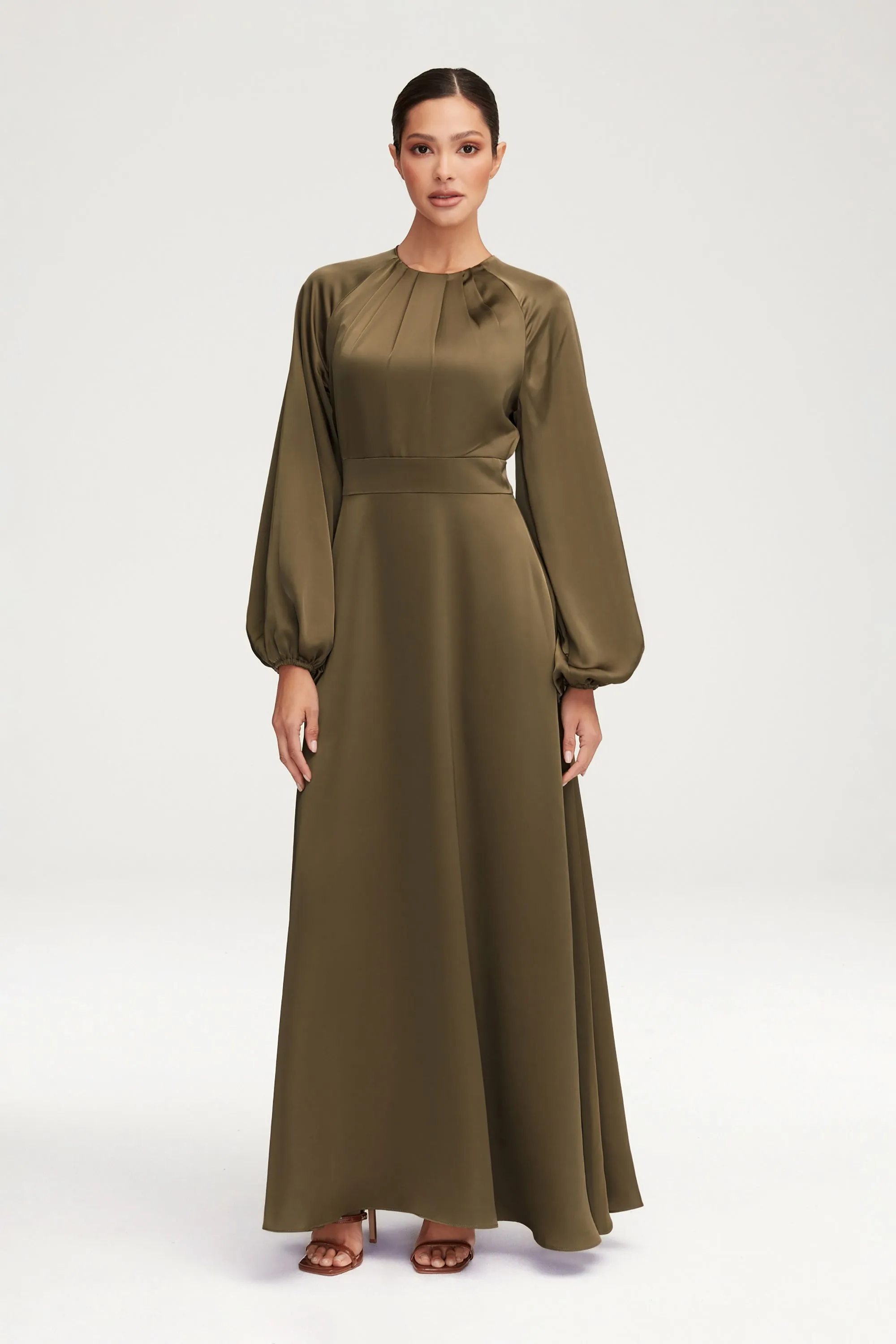 Luna Satin Balloon Sleeve Maxi Dress - Olive