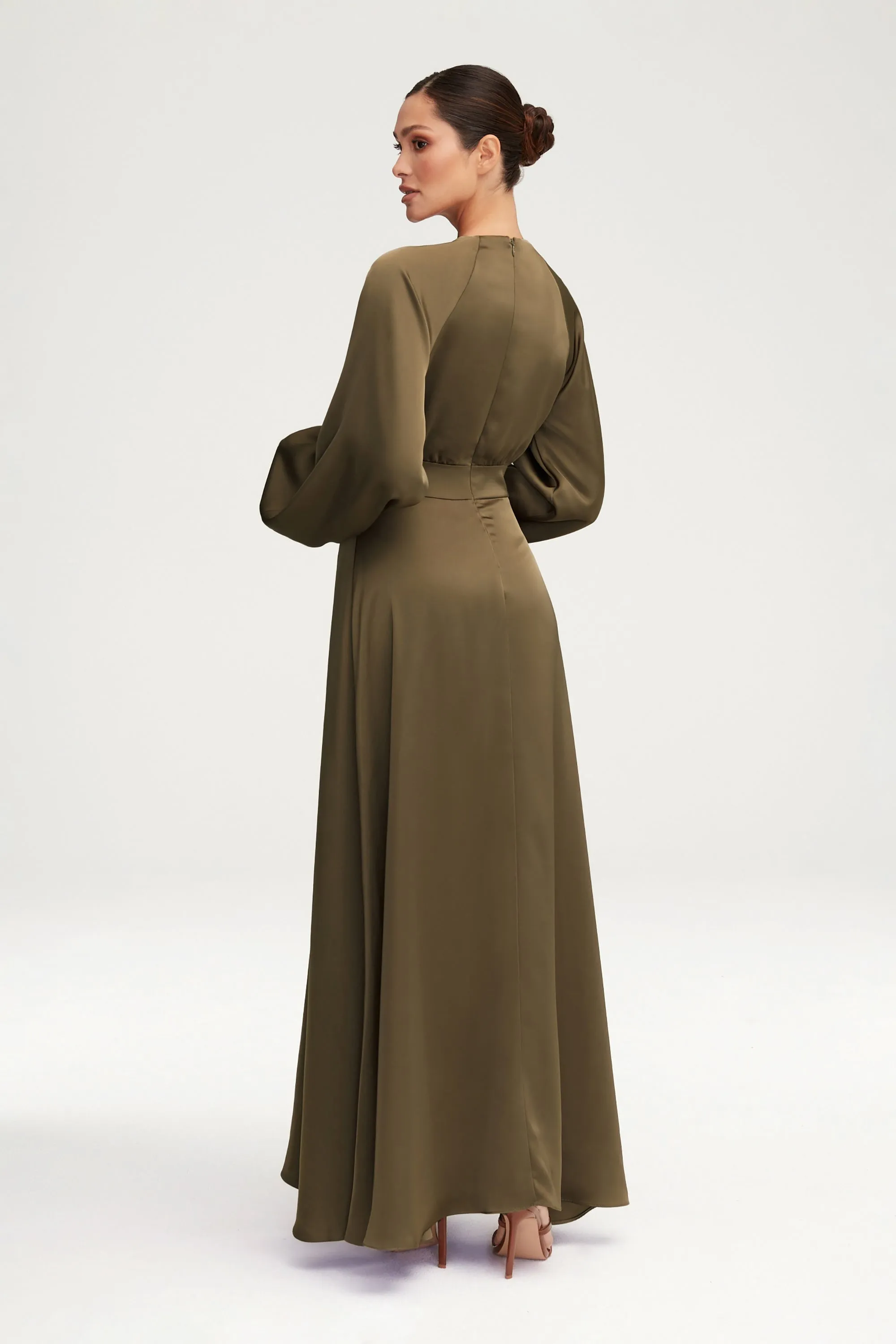 Luna Satin Balloon Sleeve Maxi Dress - Olive