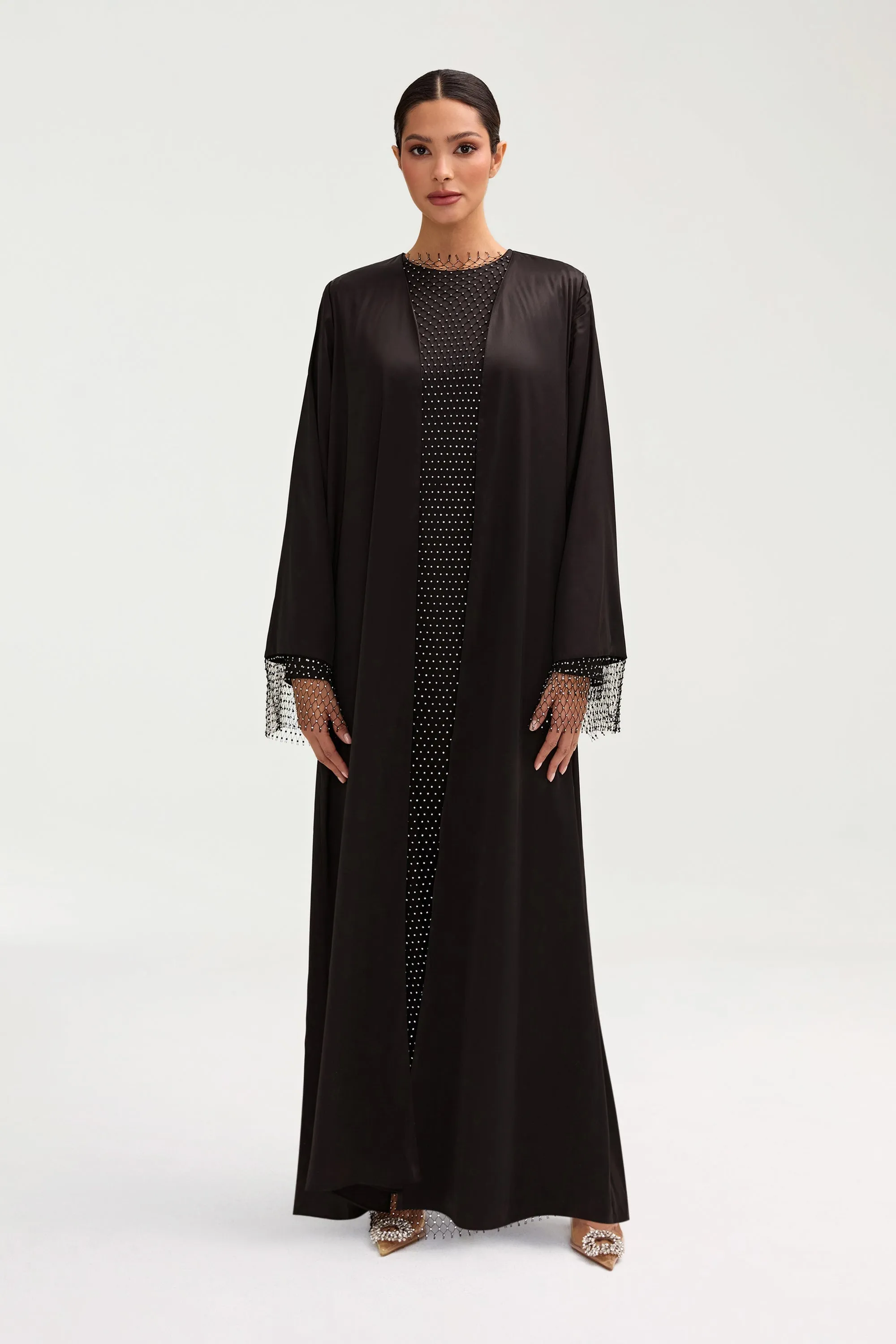 Lyana Crystal Mesh Satin Abaya - Black