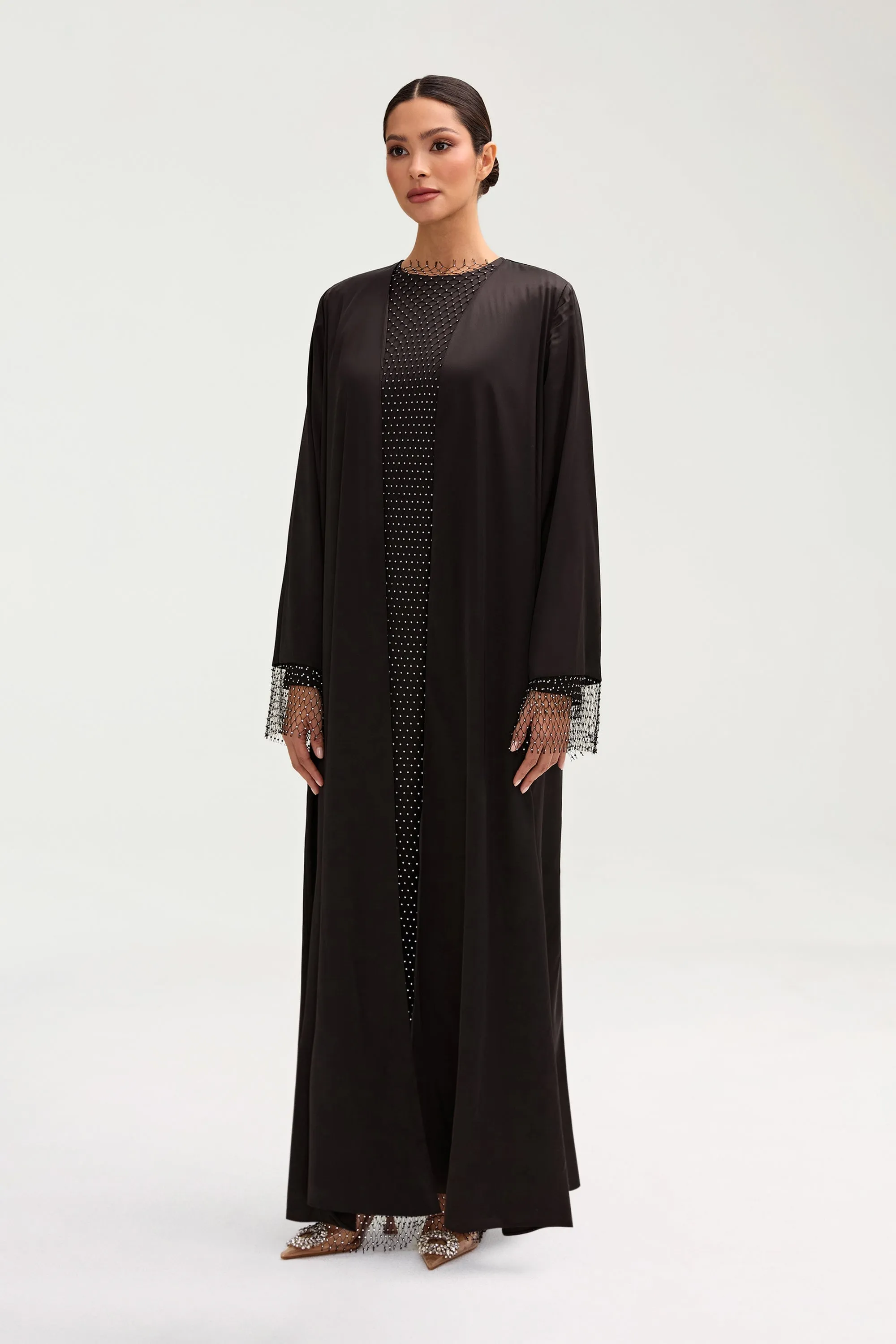 Lyana Crystal Mesh Satin Abaya - Black