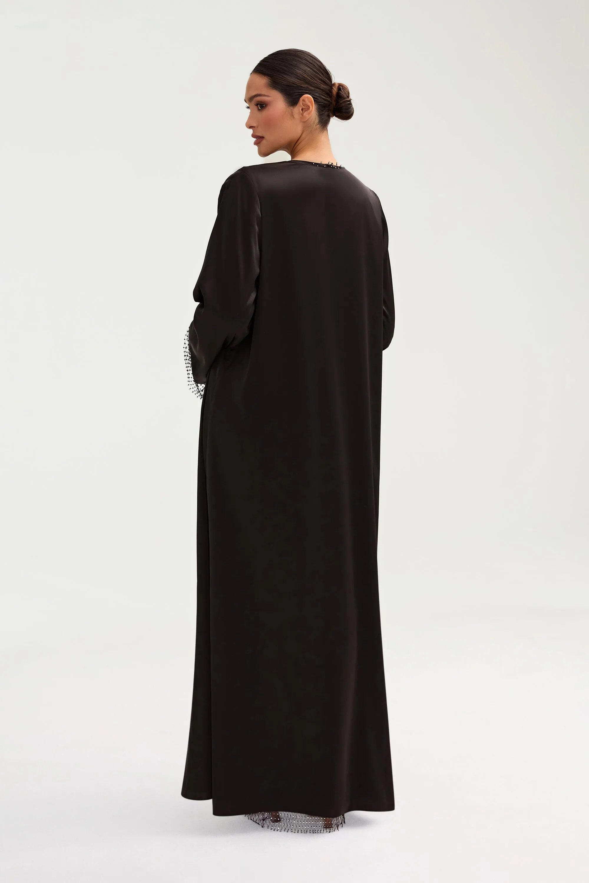 Lyana Crystal Mesh Satin Abaya - Black