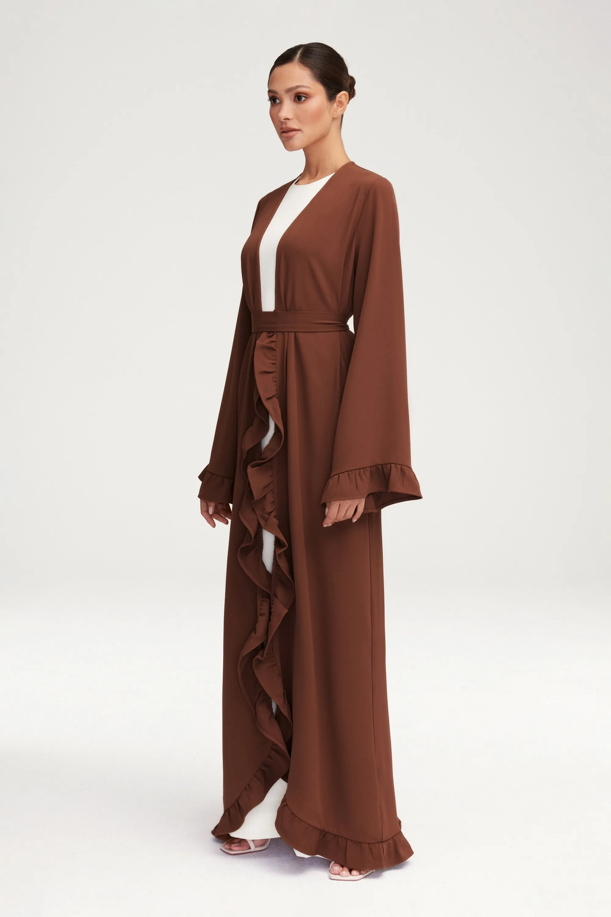 Mariam Ruffle Open Abaya - Chocolate