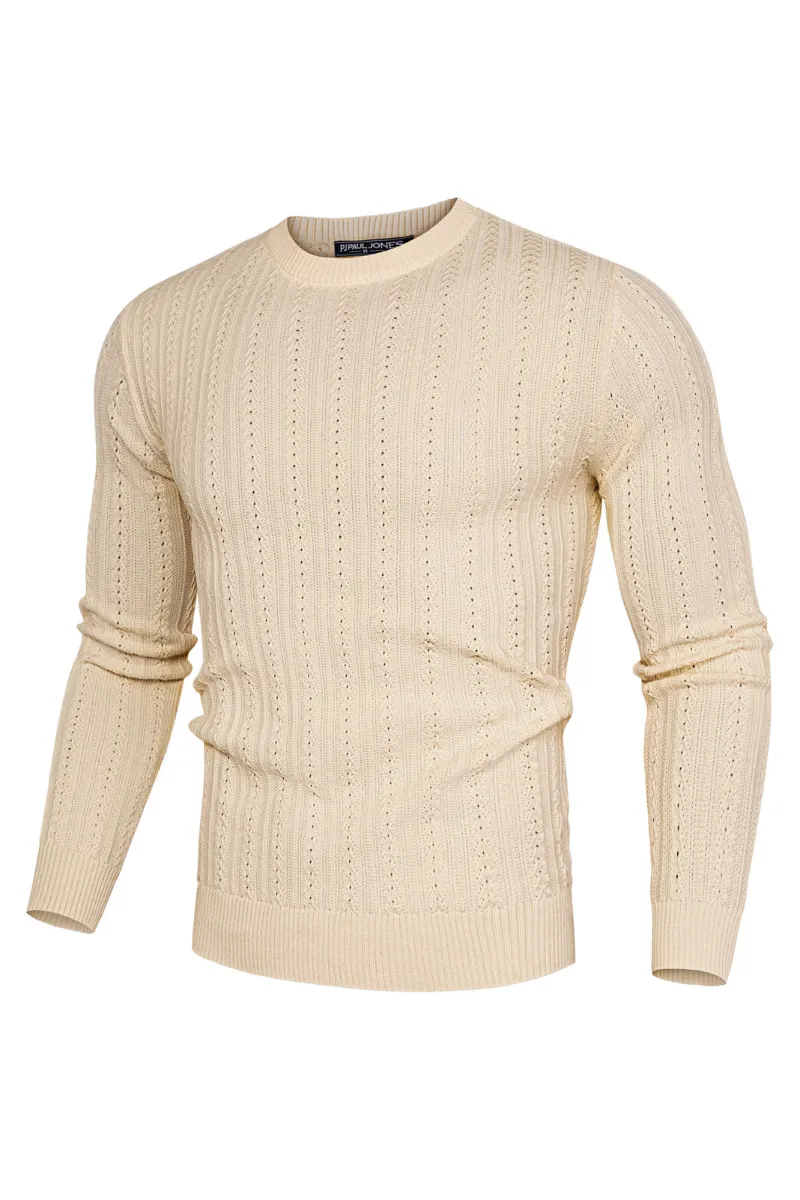 Men Hollowed-out Textured Sweater Long Sleeve Crew Neck Pullover Knitwear