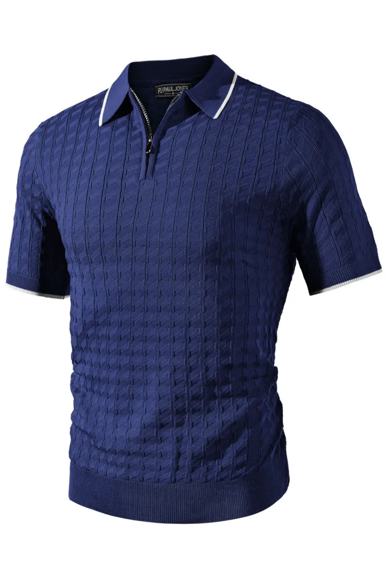 Men Stylish Lapel Collar Knitwear Short Sleeve Zip-up Neck Knitted Shirts