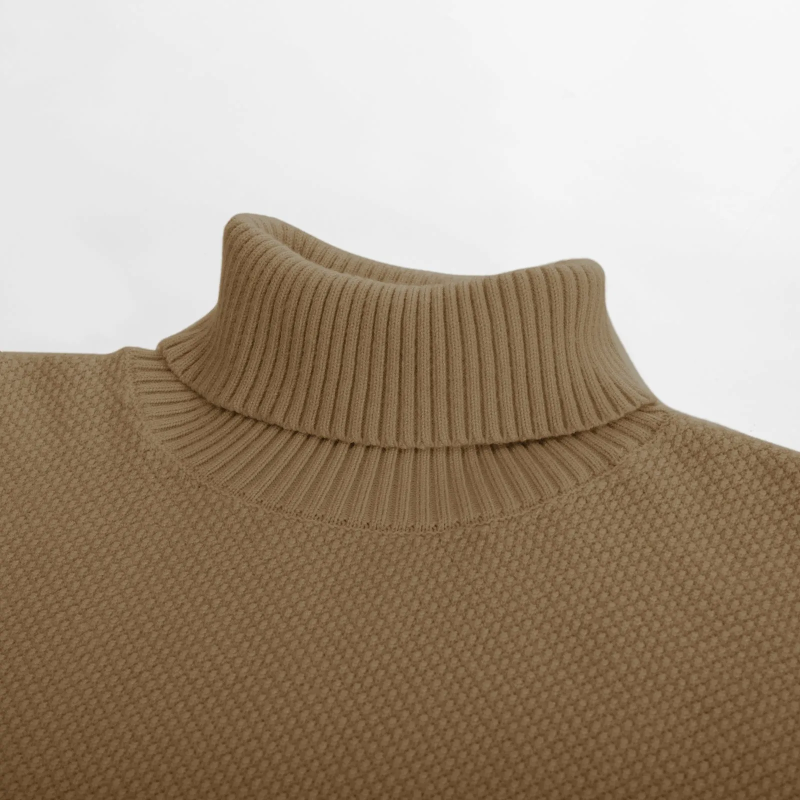 Men Turtleneck Sweater Long Sleeve Ribbed Cuff Textured Pullover Jumper