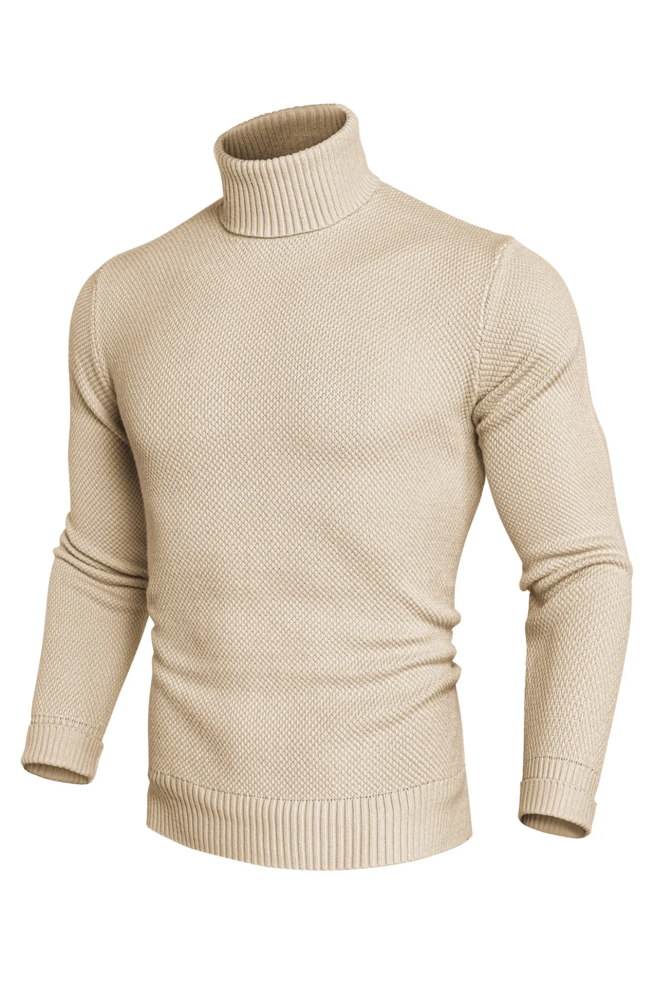 Men Turtleneck Sweater Long Sleeve Ribbed Cuff Textured Pullover Jumper