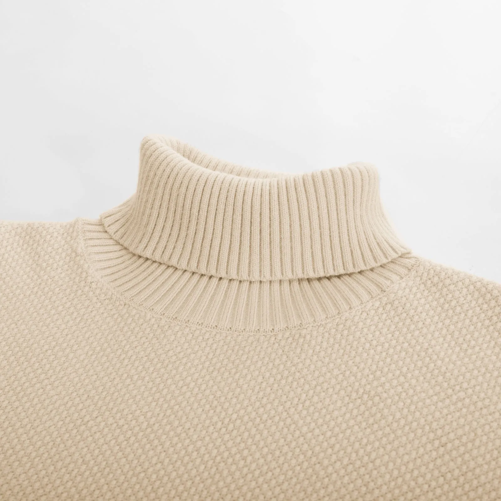 Men Turtleneck Sweater Long Sleeve Ribbed Cuff Textured Pullover Jumper