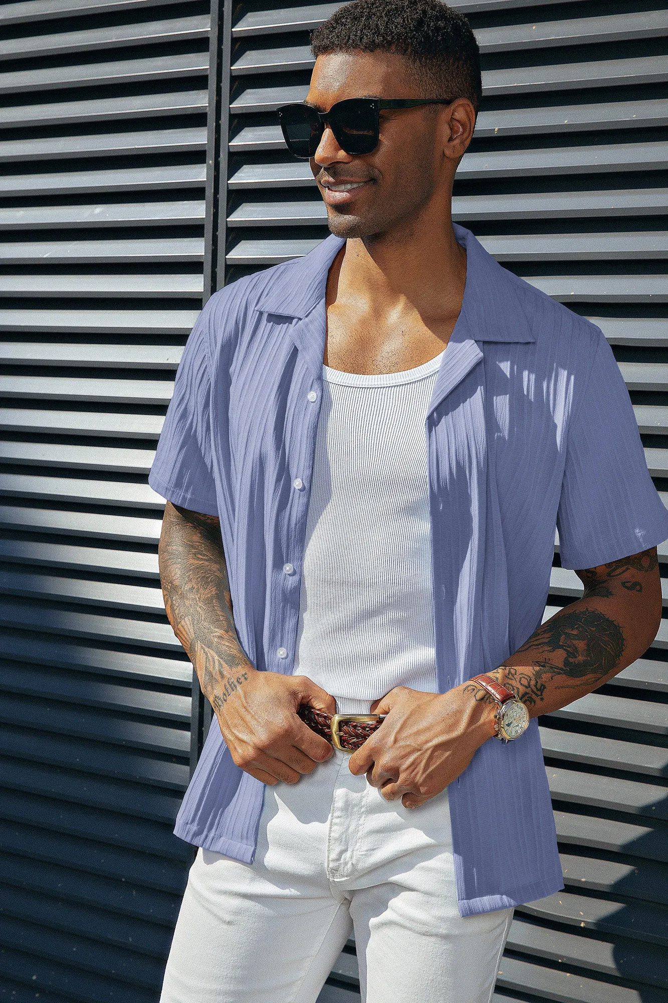 Men's Casual Button Down Shirts Short Sleeve Summer Shirts Wrinkle-Free Shirts Textured Beach Shirts