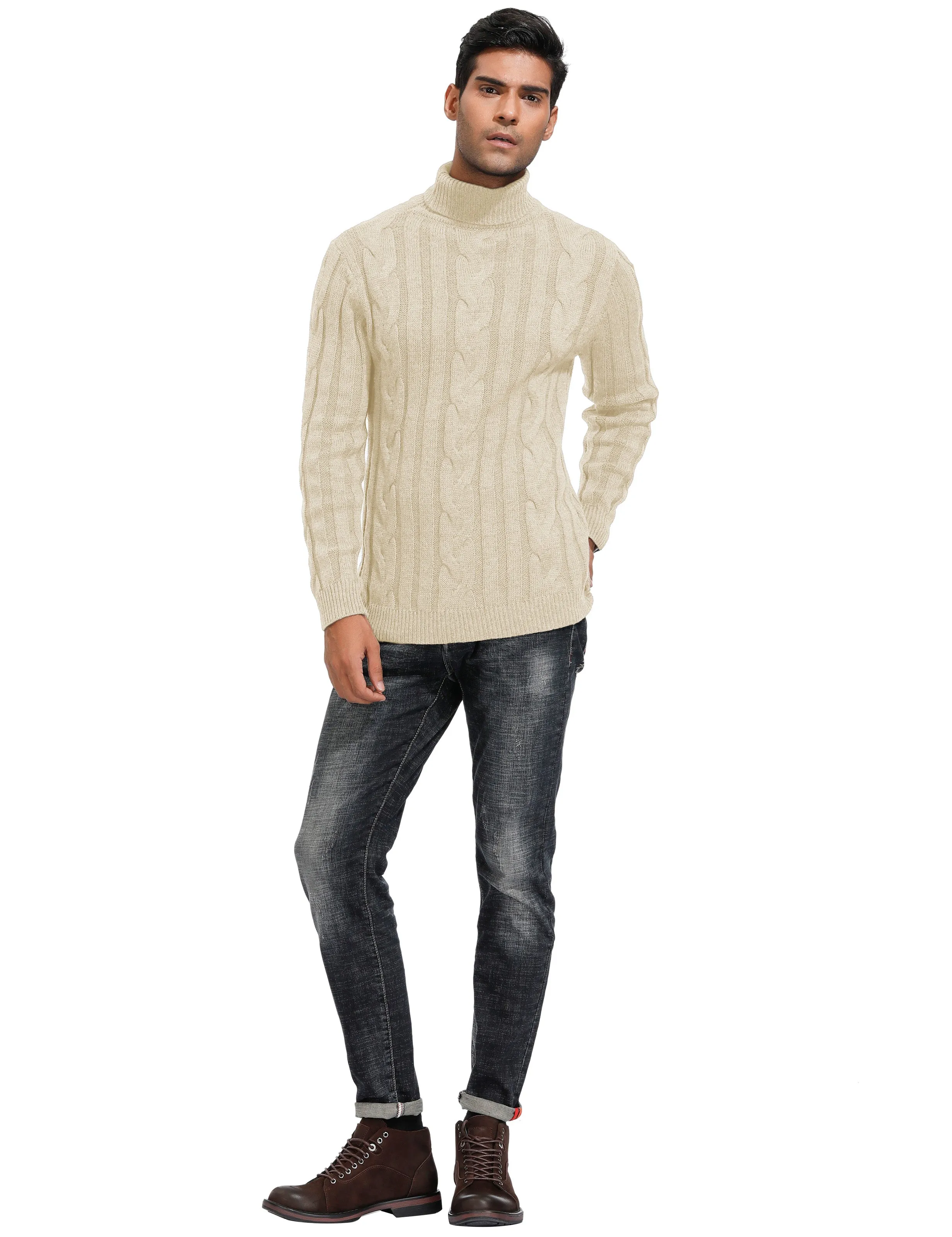 Men's Casual Turtleneck Sweaters Cable Knit Thermal Pullover Sweater