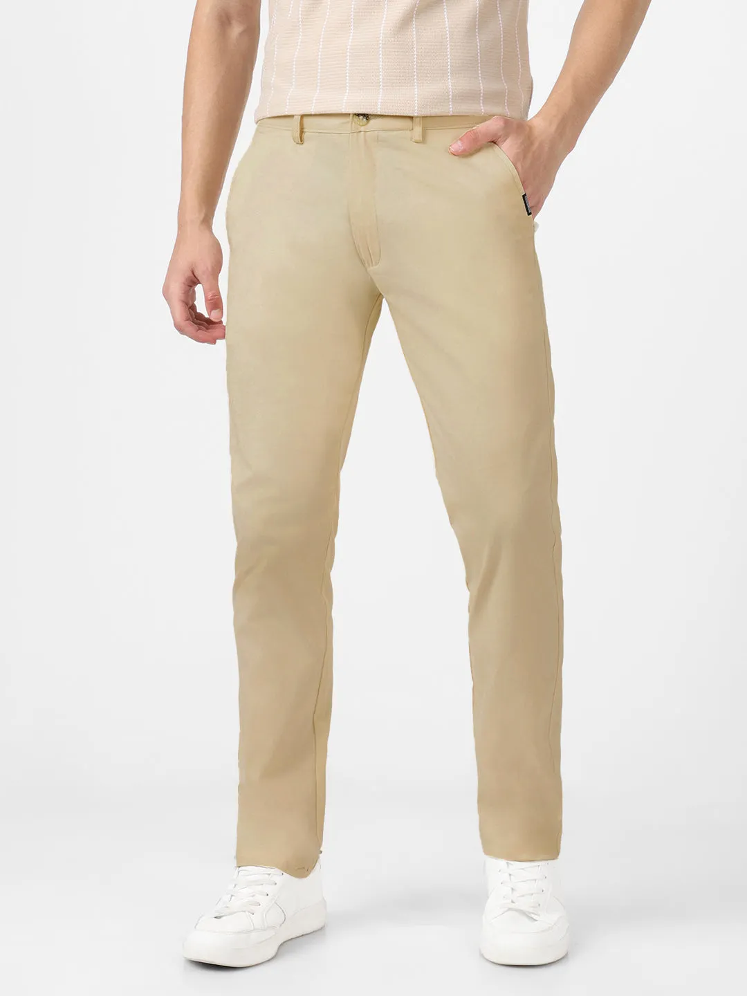 Men's Cream Cotton Light Weight Non-Stretch Slim Fit Casual Trousers