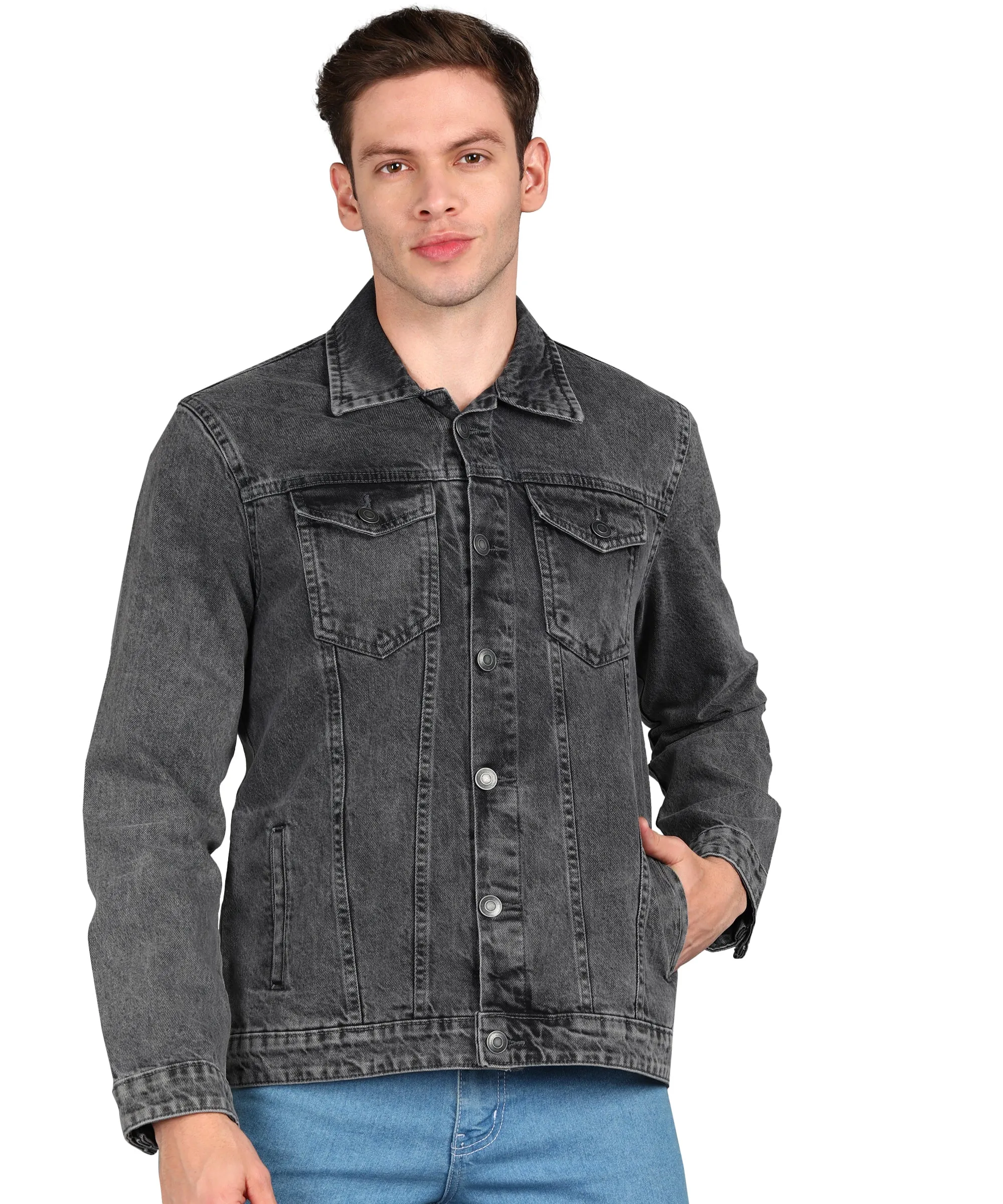 Men's Grey Regular Fit Washed Full Sleeve Denim Jacket