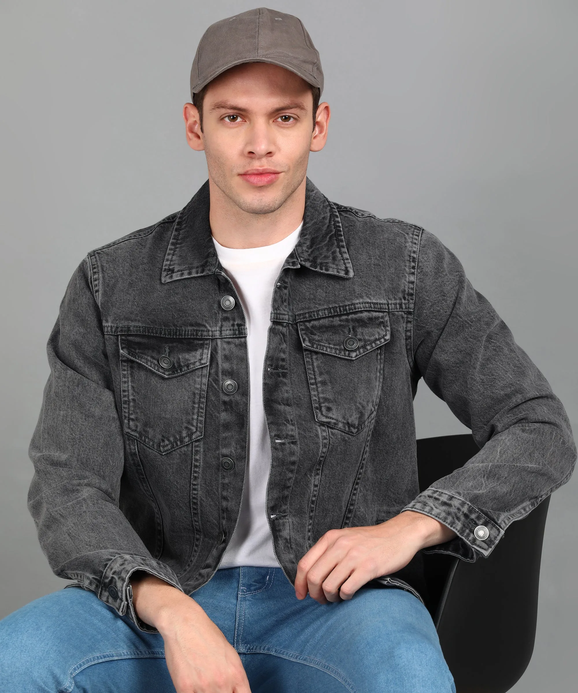 Men's Grey Regular Fit Washed Full Sleeve Denim Jacket